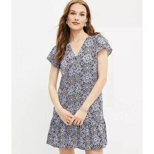 LOFT SP Dress Medallion Button Front Flutter Sleeve Blue Mandala Flounce V Neck